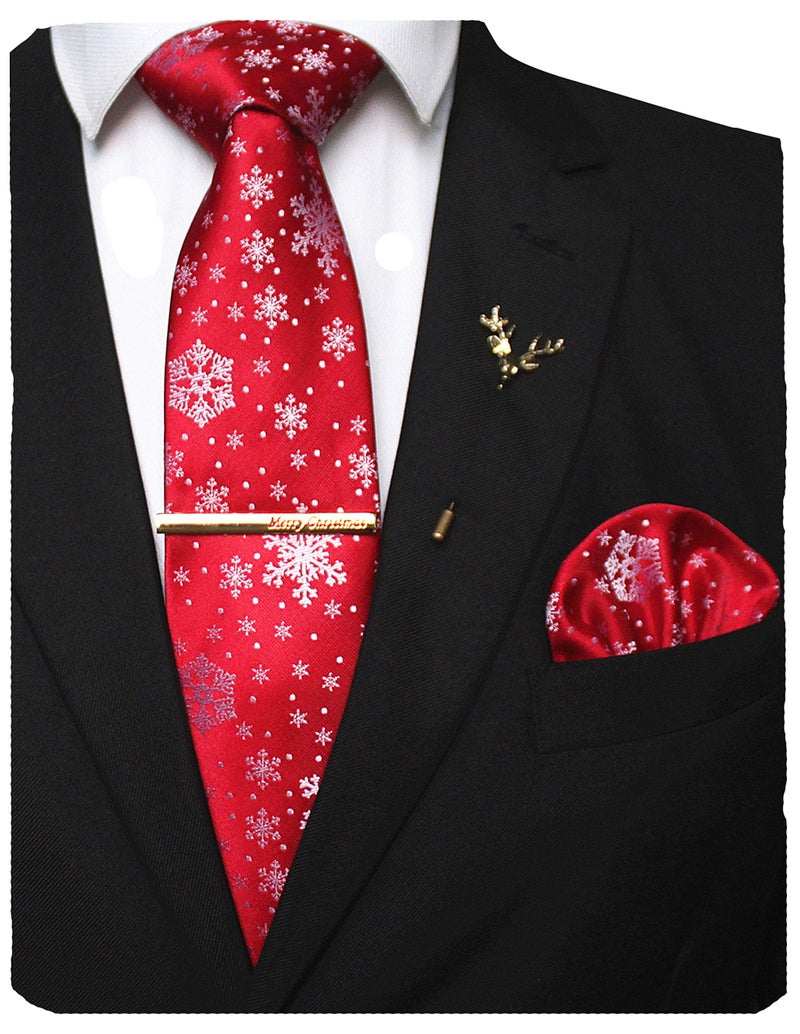JEMYGINS Festival Silk Necktie Red Snowflake Christmas Tie and Pocket Square with Tie Clip and lapel pin Set(23) - Image 1
